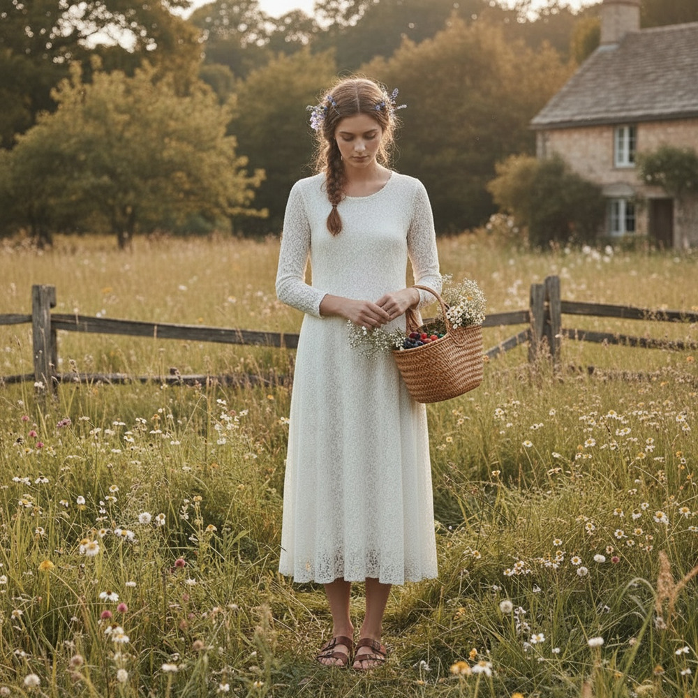 VTG 90s For Eternity Lace Midi Dress Long Sleeve Stretchy Cottagecore Prairie OS